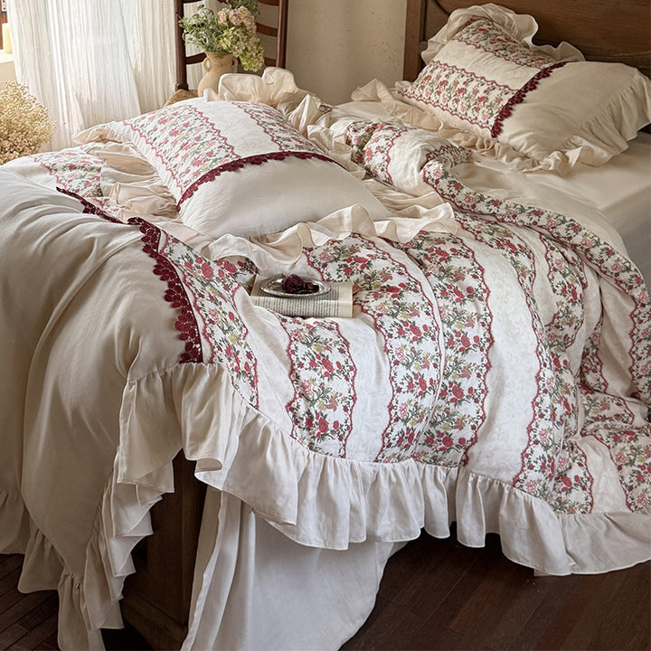 Floral-Striped Ruffled Cotton-Linen Duvet Cover Set with Crochet Lace Trim