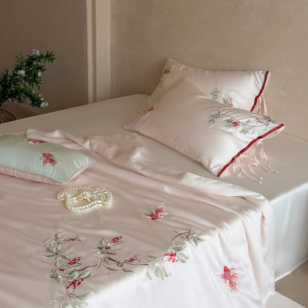 Embroidered satin bedding set with floral decorative embroidery and silky-soft feel Stornfield