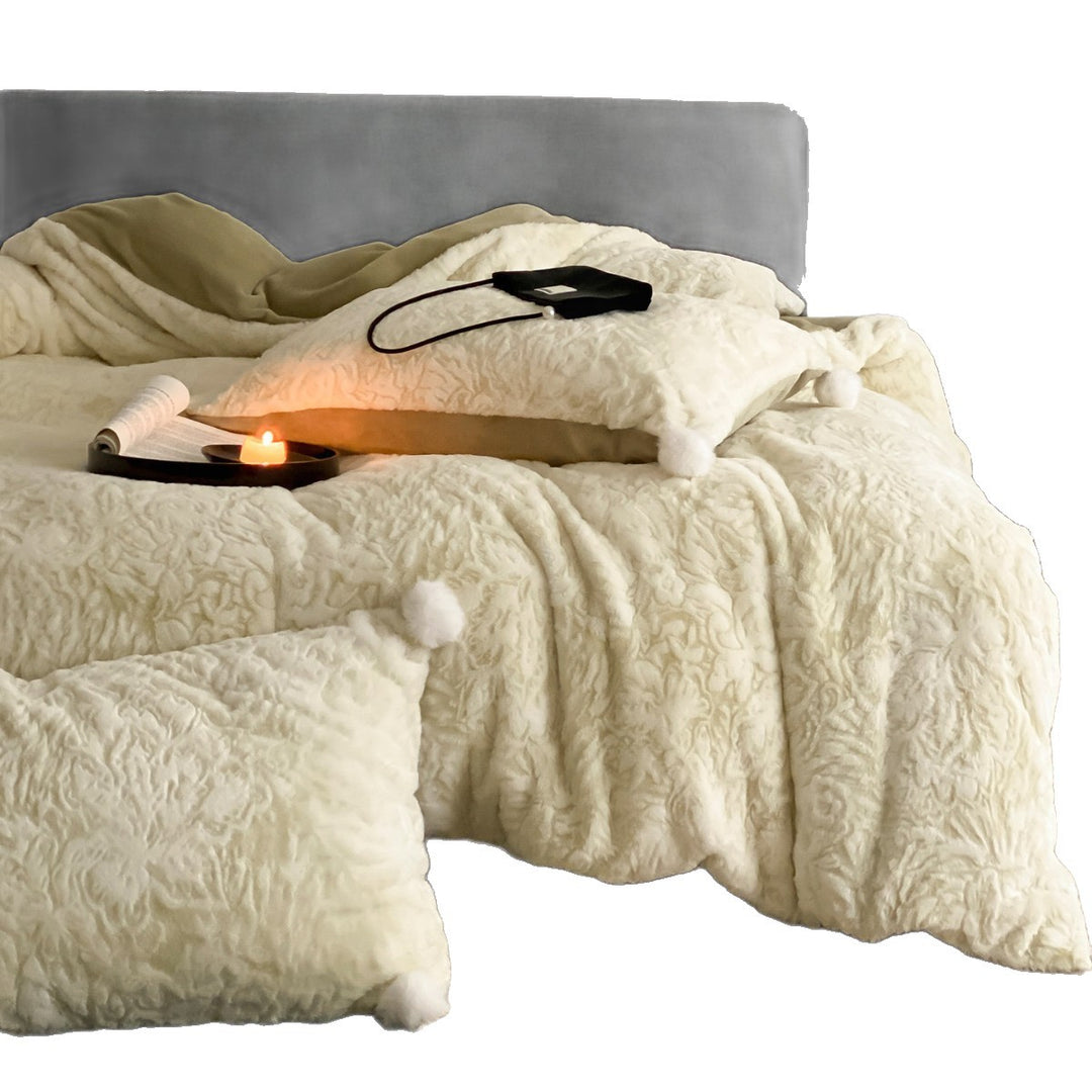 Plush Embossed Floral Sherpa Duvet Cover Set with Pom-Pom Trim