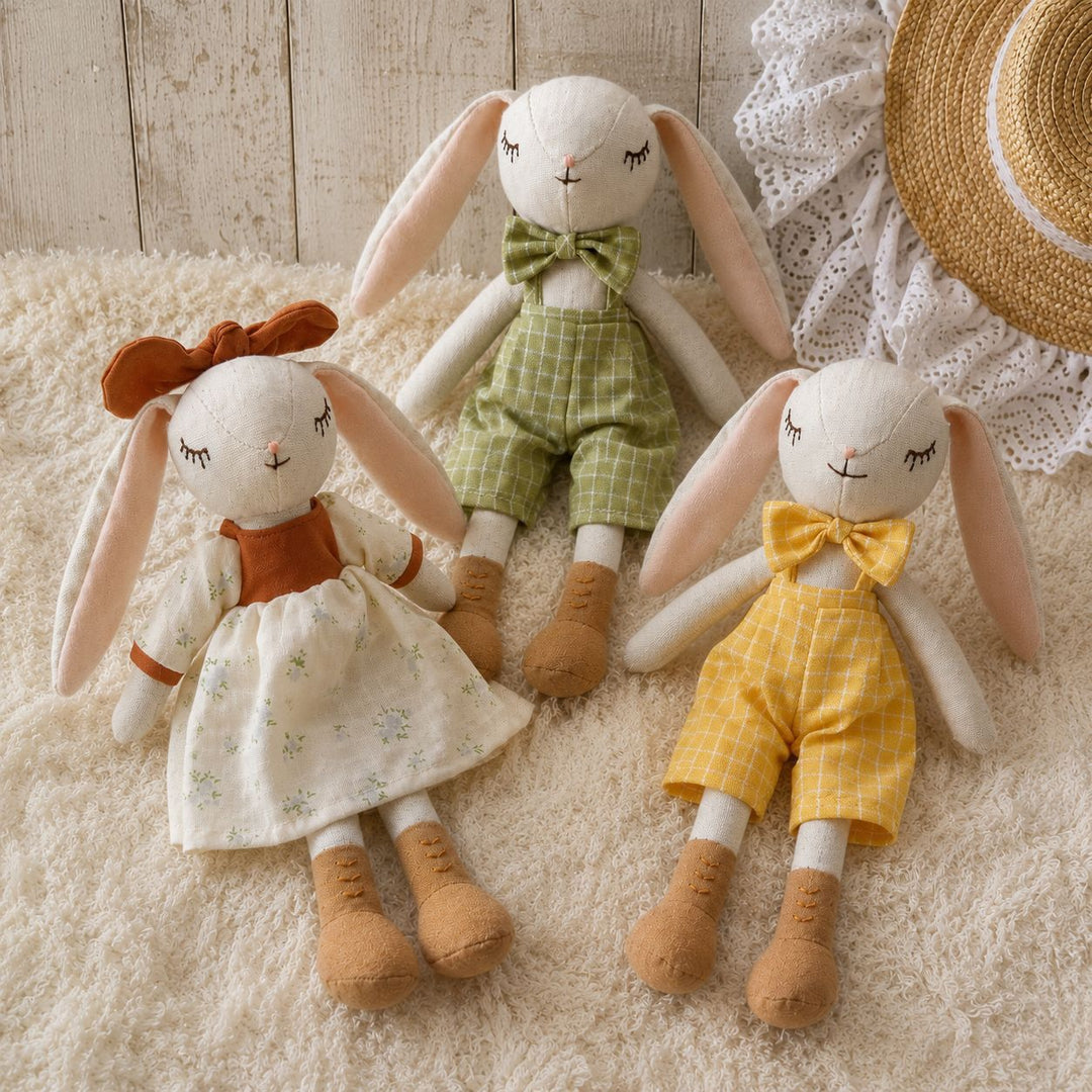 Handcrafted Linen Elephant Soft Toy Doll with Striped Ruffle Collar
