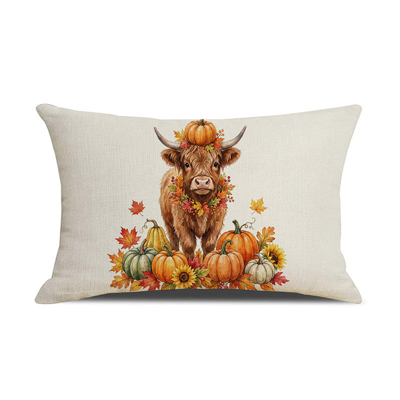 Rectangular Linen-Cotton Decorative Pillow Cover with Polka Dot Background and Autumn Pumpkin Floral Print