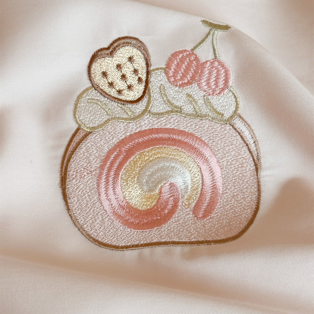 Ruffled Embroidered Duvet Cover Set with Cartoon Bear & Dessert Motifs
