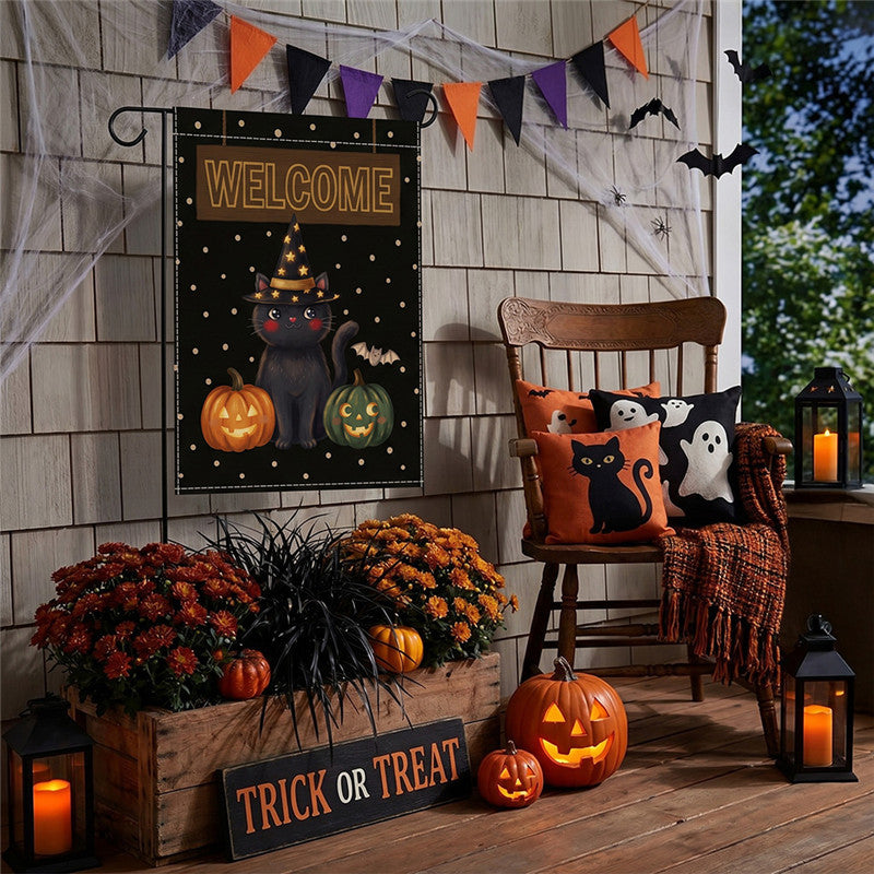 Outdoor Halloween Garden Flag Double-Sided Polyester Yard Banner with Skeleton and Jack-o'-Lantern Illustration