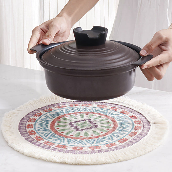 Beef flat-woven floor rug in Boho-Mandala design with cotton fringes