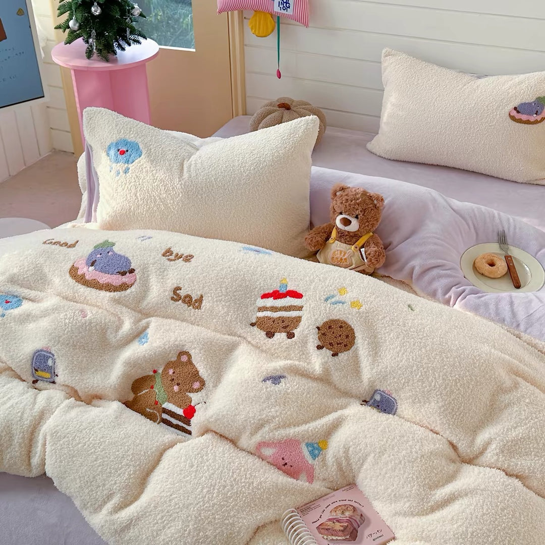 Plush Sherpa Embroidered Penguin Reversible Comforter Set with Pillow Shams and Decorative Cushion