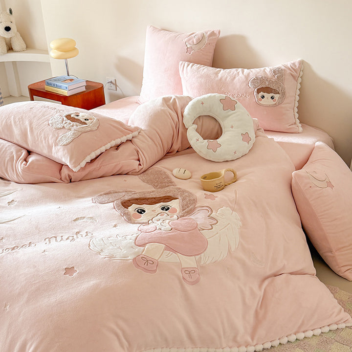 Children's Embroidered Cartoon Duvet Cover Bedding Set with Plush Appliqué & Pillow Shams