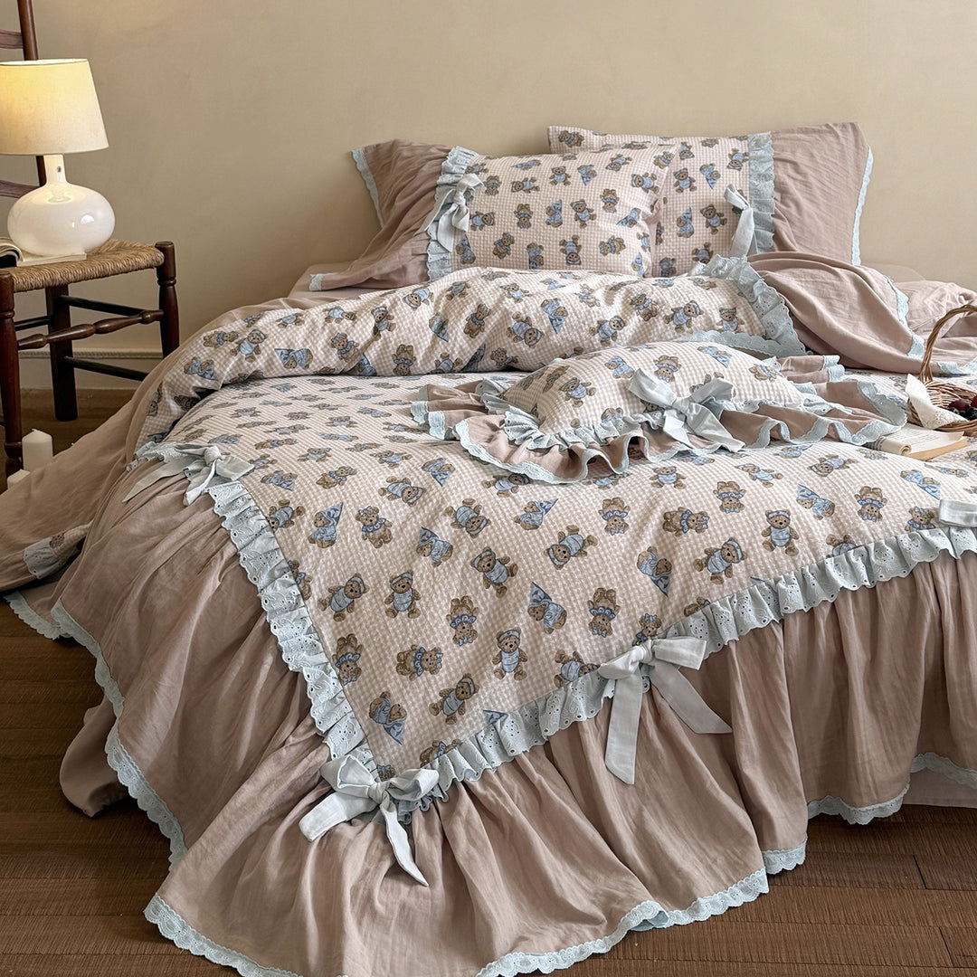 Vintage Ruffled Cotton Quilted Duvet Cover Set with Bow-Tied Pillow Shams & Bedskirt