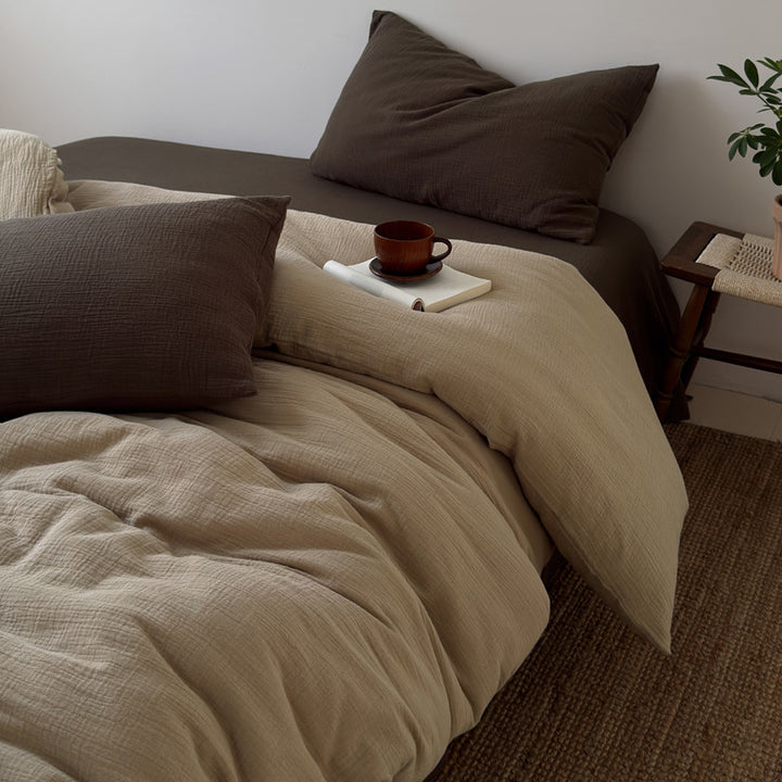 Washed Cotton Gauze Textured Duvet Cover Set with Deep-Pocket Fitted Sheet