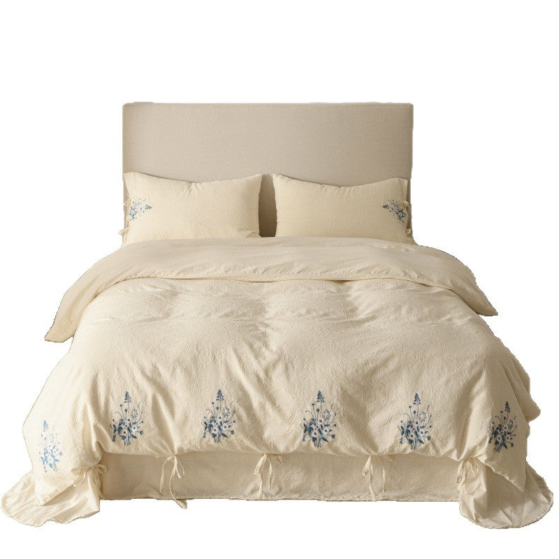 Cotton-Linen Embroidered Duvet Cover Set with Tie-Closure Pillowcases