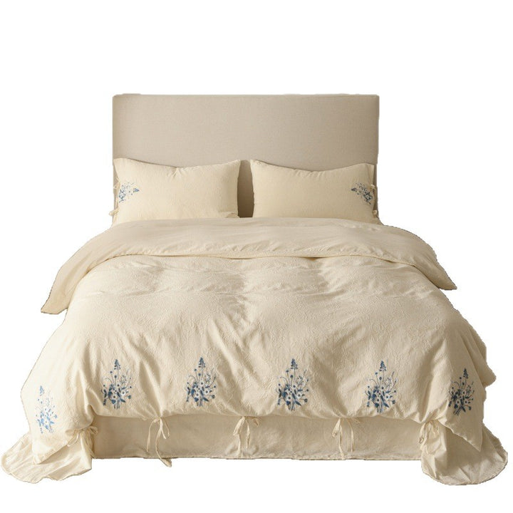 Cotton-Linen Embroidered Duvet Cover Set with Tie-Closure Pillowcases