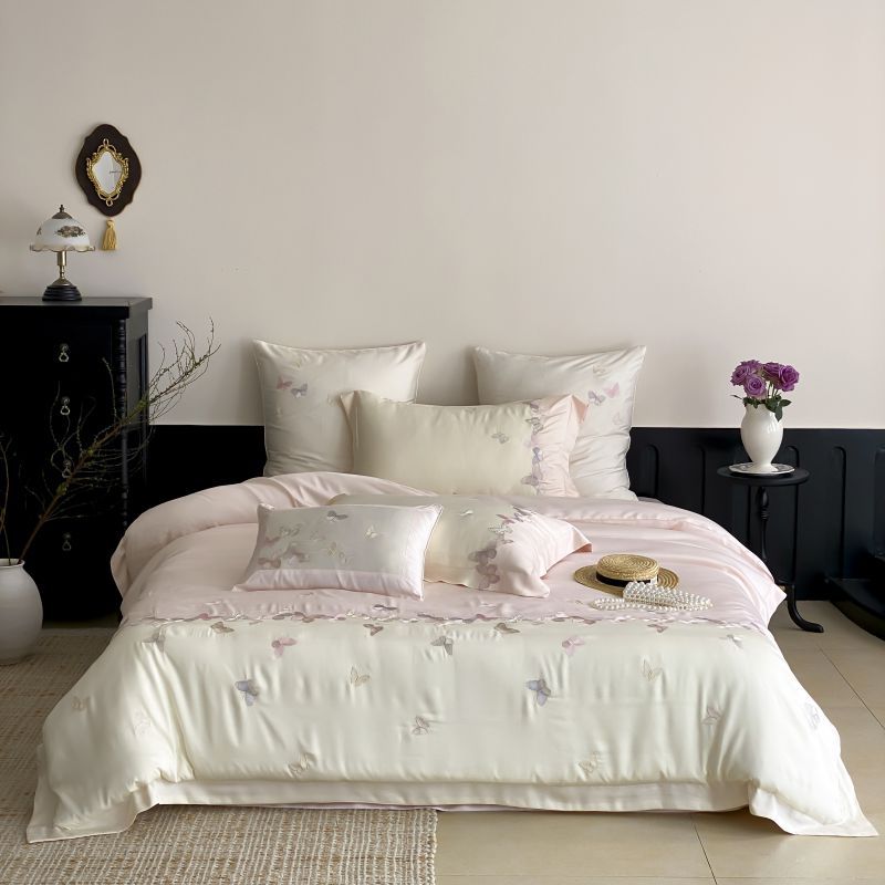 Embroidered Satin-Feel Duvet Cover Ensemble with Reversible Flat Sheet & Pillow Shams