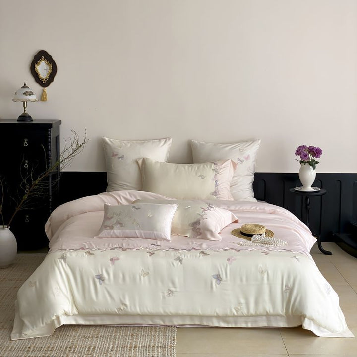 Embroidered Satin-Feel Duvet Cover Ensemble with Reversible Flat Sheet & Pillow Shams