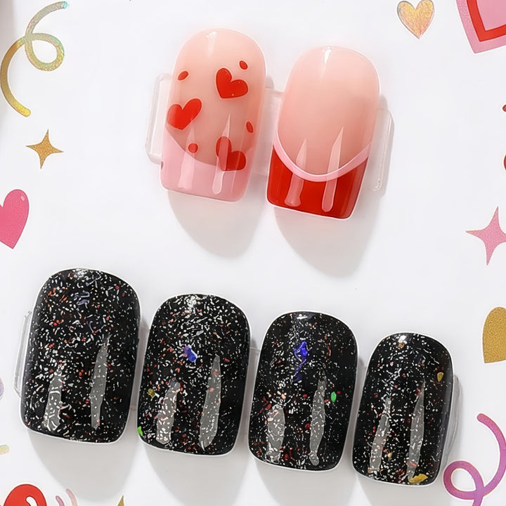 Creative artificial nails with heart design and glitter effects Stornfield