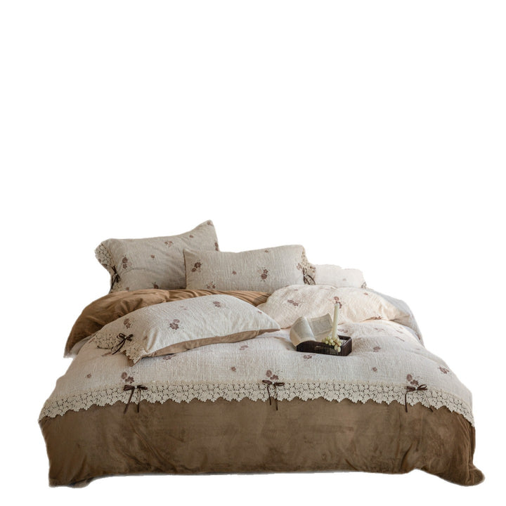 Floral Lace Trim Linen Duvet Cover Set