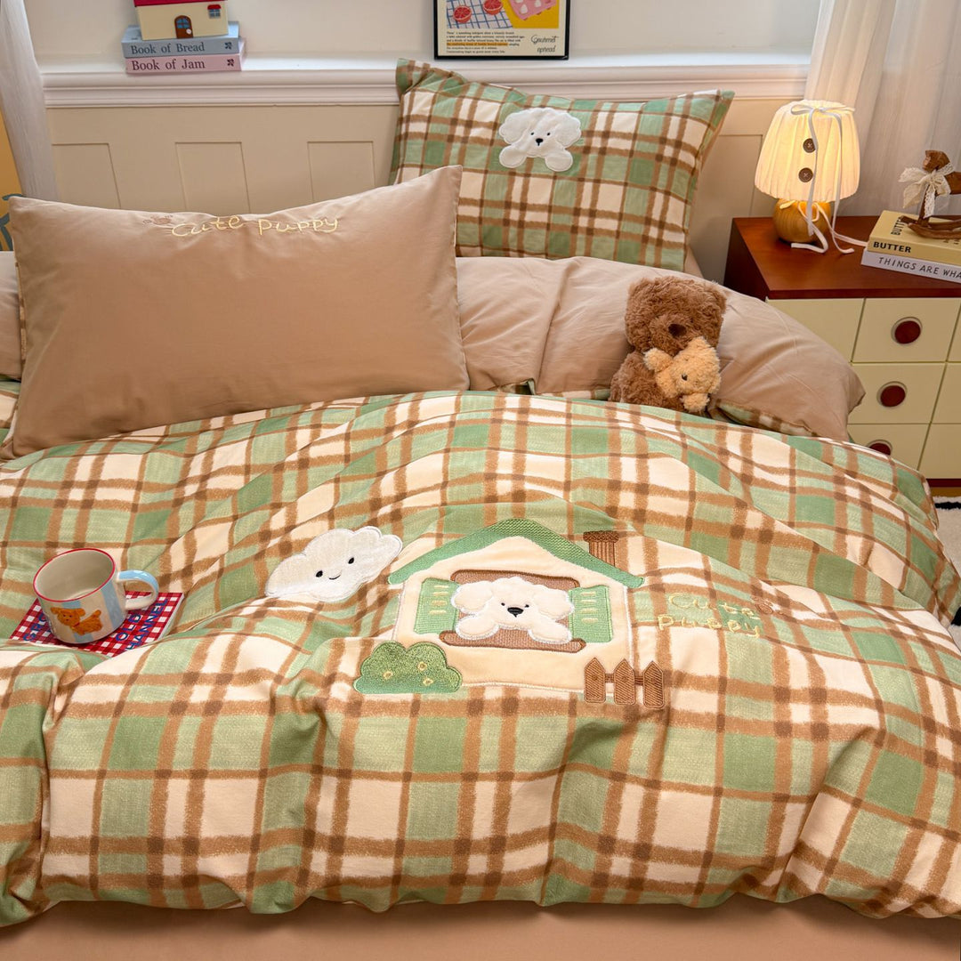 Plaid Embroidered Teddy Cotton Duvet Cover & Pillowcase Set with Appliqué