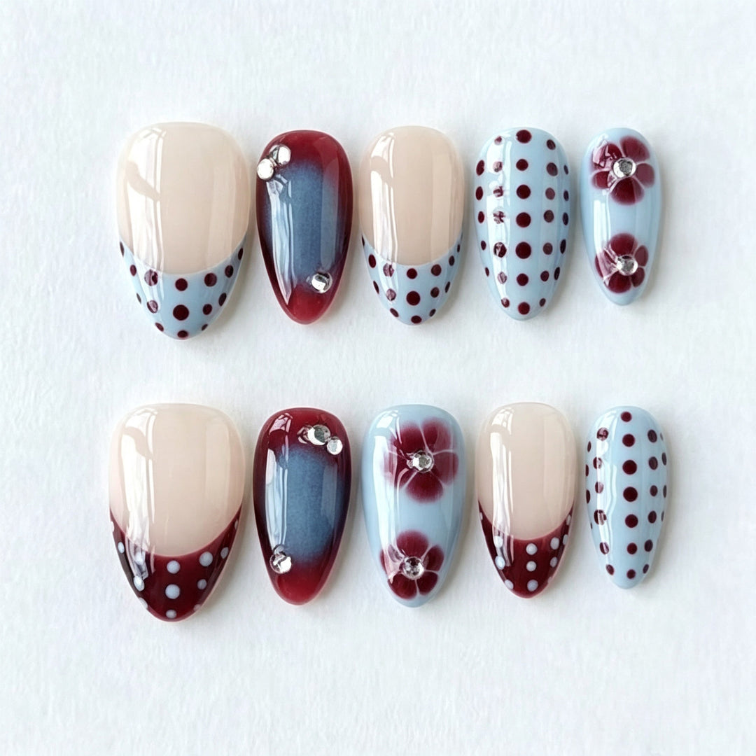 Elegant Press-On Nail Art Set with Floral and Polka Dot Design Stornfield