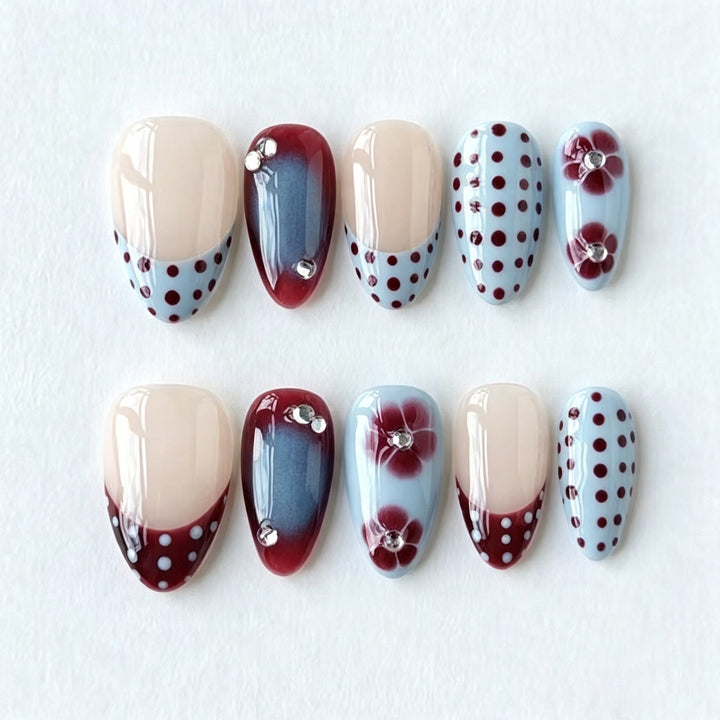 Elegant Press-On Nail Art Set with Floral and Polka Dot Design Stornfield