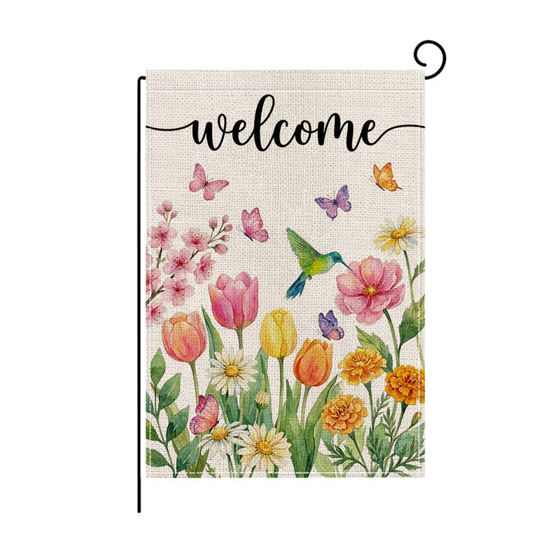 Botanical Welcome Garden Flag Linen-Texture Double-Sided Outdoor Decorative Banner