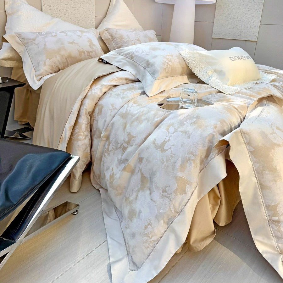 Luxury Jacquard Floral Duvet Cover Set with Decorative Hem and Pillow Shams