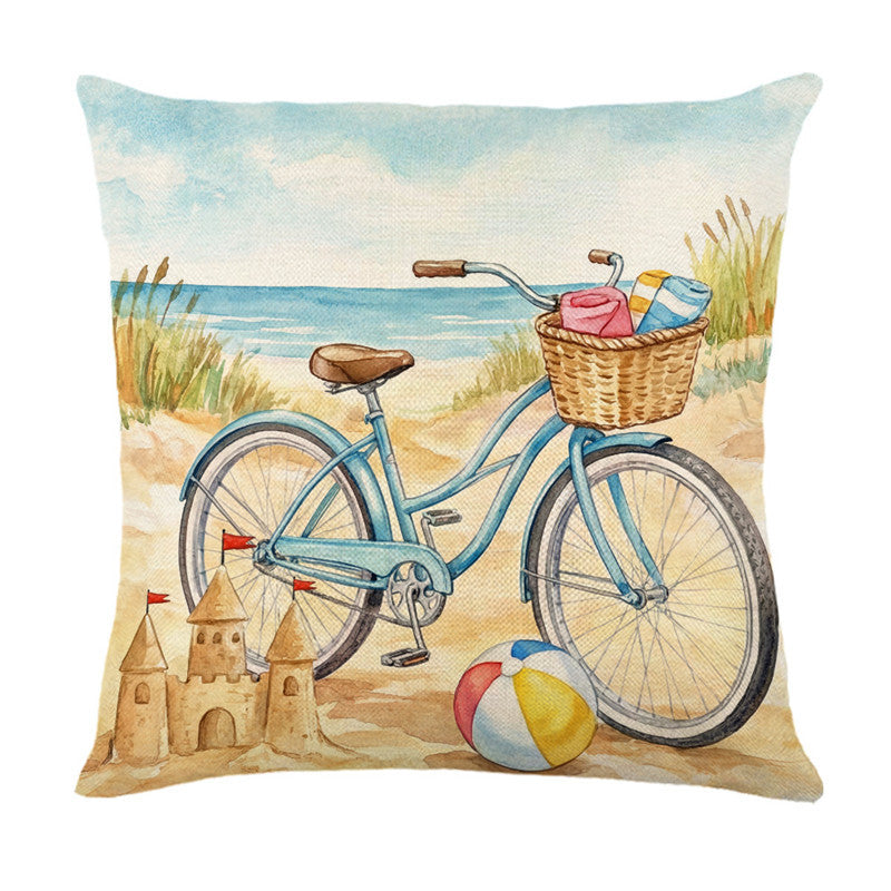 Scenic Watercolor Beach Bicycle Linen Pillow Cover with Basket & Sandcastle Illustration