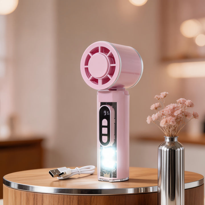 Women Portable Hand Fan with Temperature Display and LED Lighting Stornfield