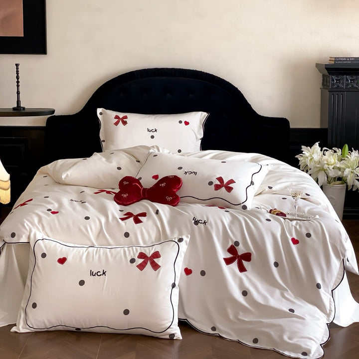 Decorative Cotton-Sateen Duvet Cover Set with Embroidered Bow & Polka Dot Motif