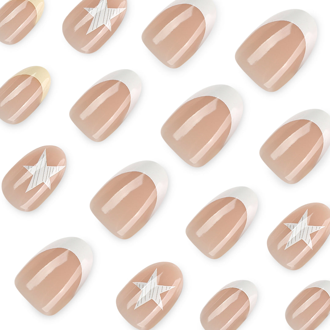 Elegant artificial nails with classic French tip and intricate star design Stornfield