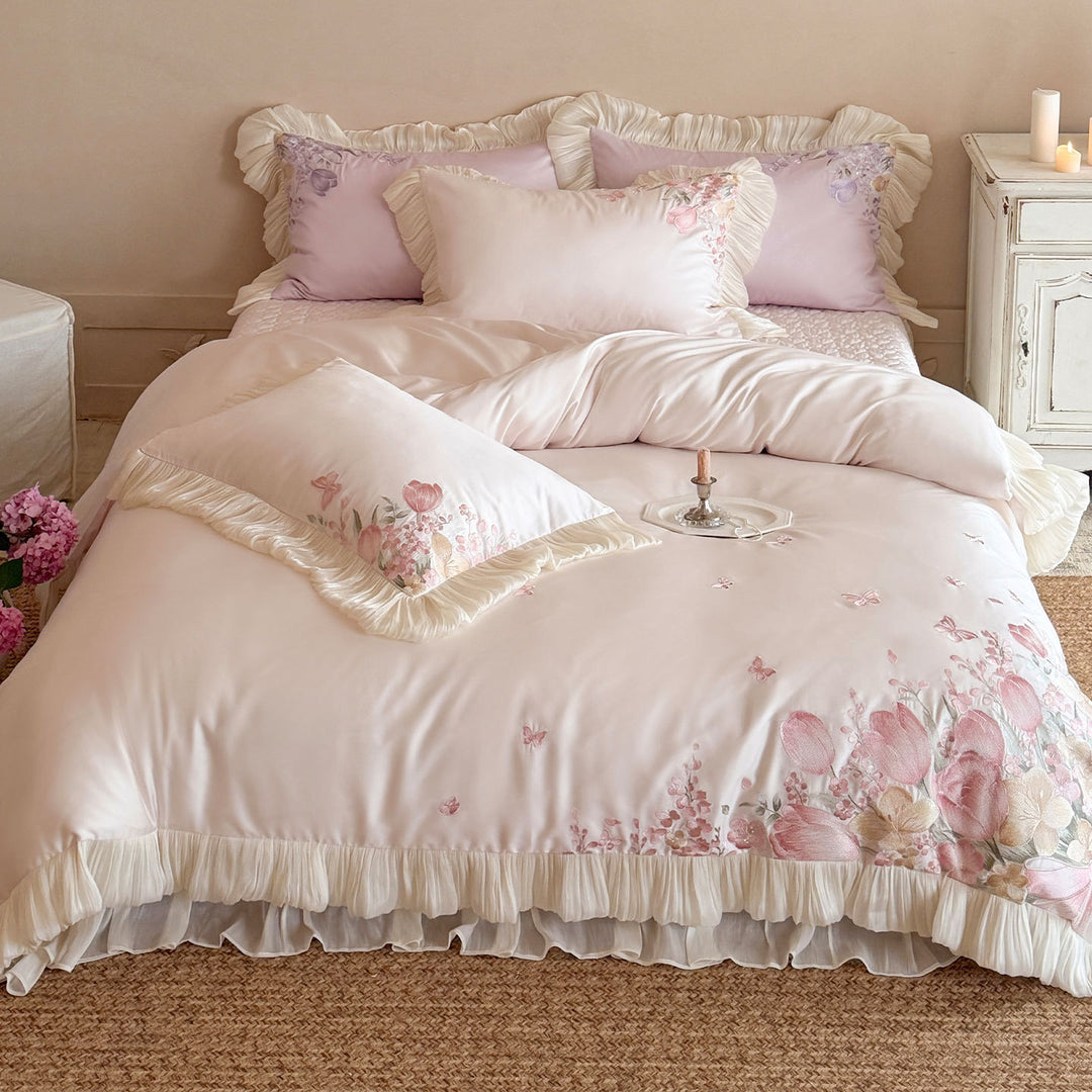 Ruffled Satin-Feel Floral Embroidered Duvet Cover Set with Pleated Ruffle Trim