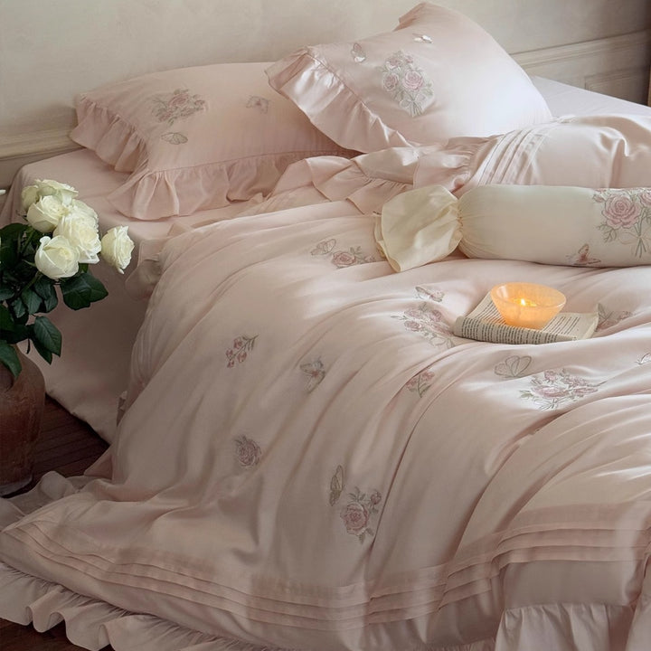 Romantic Embroidered Cotton-Sateen Ruffled Duvet Cover Set with Cylinder Bolster and Ruffled Oxford Shams