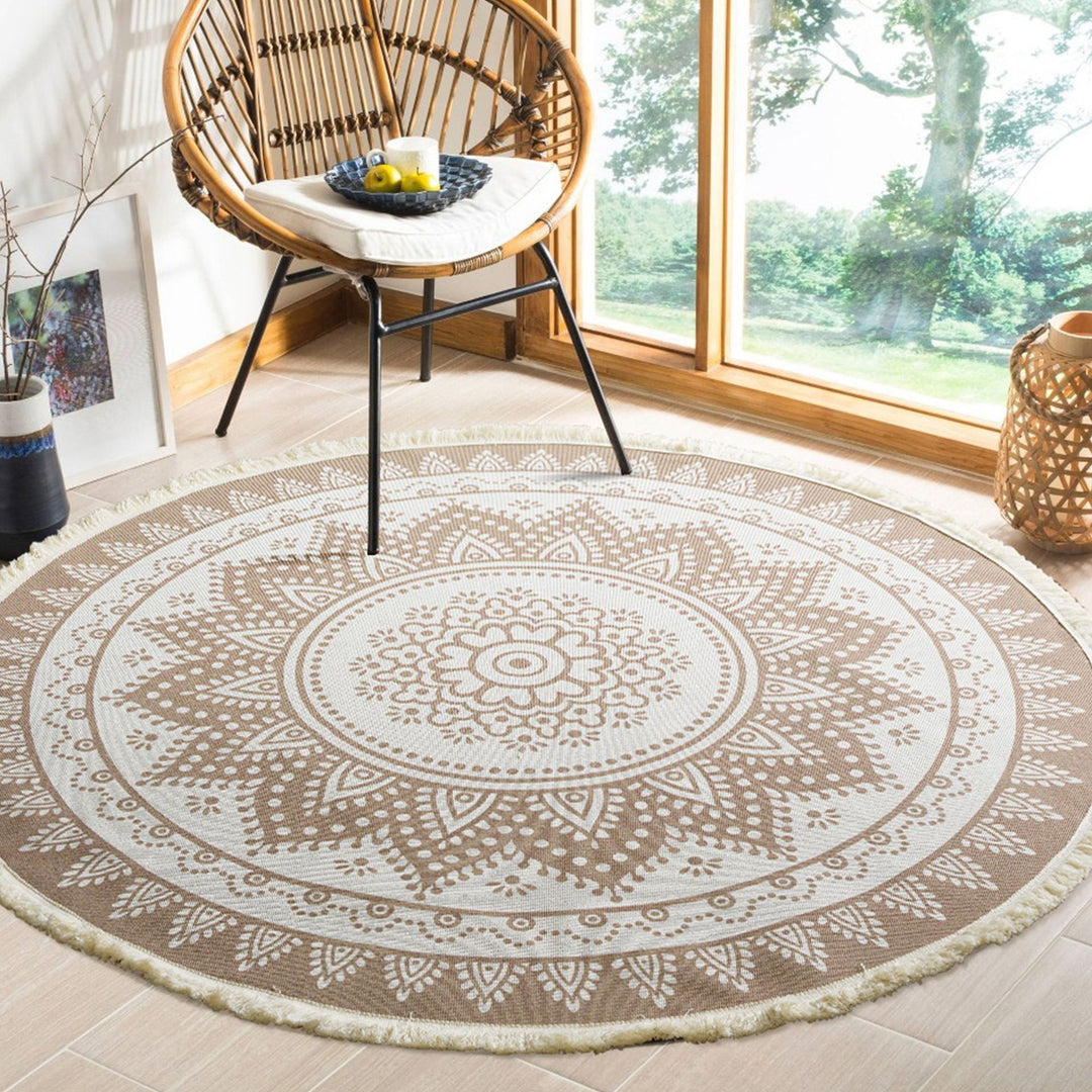 Beef Boho Cotton Rug with Mandala Print and Fringe Edge