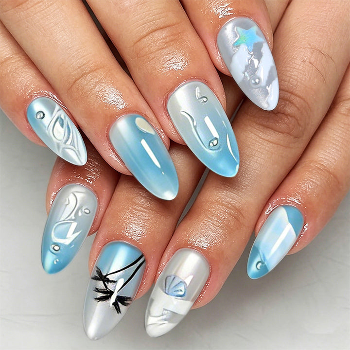 Acrylic nail set with elegant water and marine motifs Stornfield