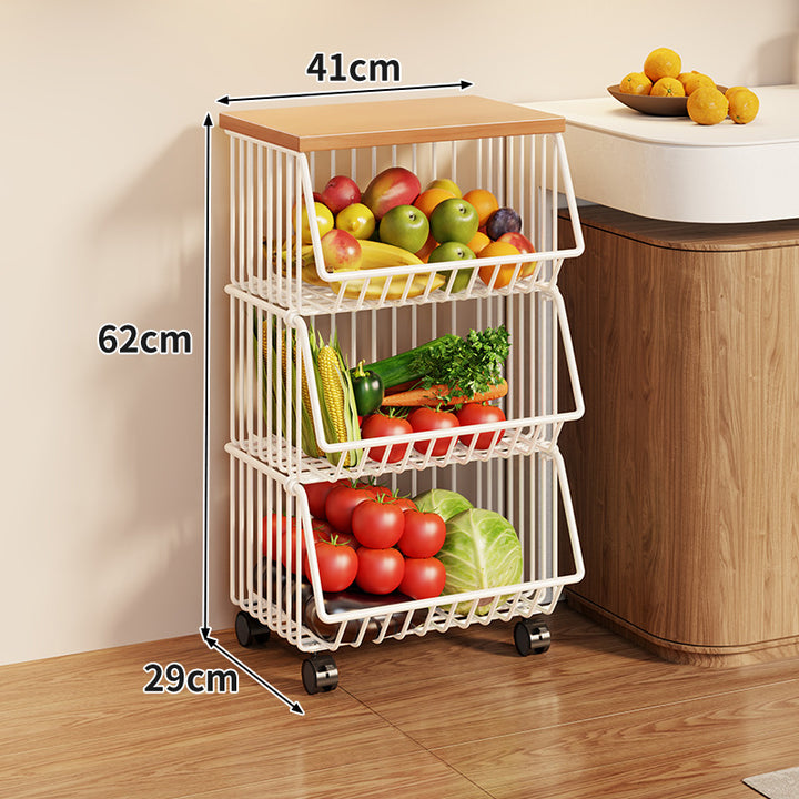 Compact Triple-Tier Rolling Wire Vegetable and Fruit Storage Cart with Wooden Top