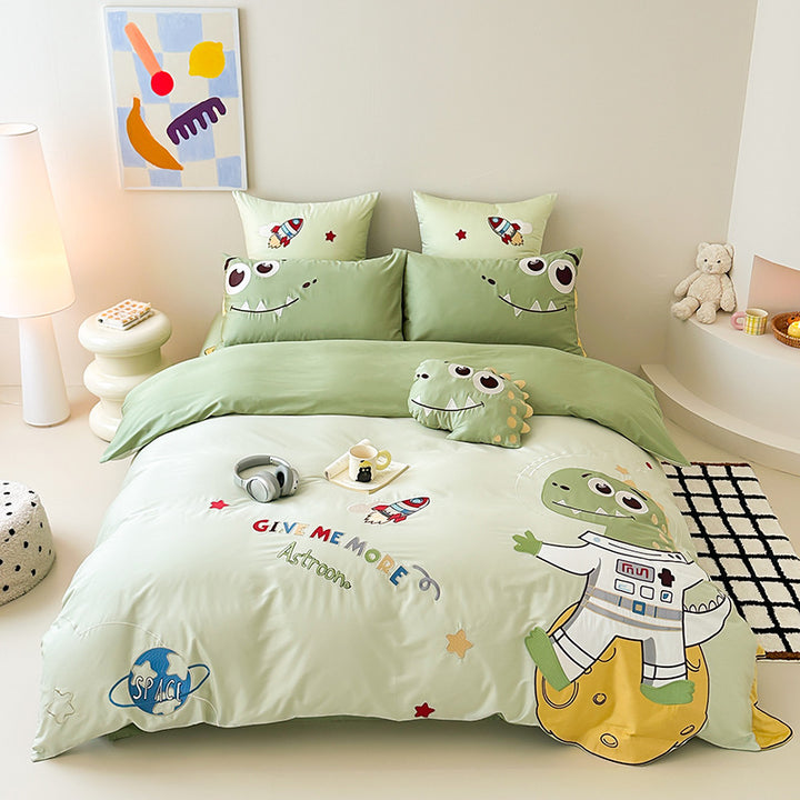 Children's Space-Theme Cotton Sateen Duvet Cover Bedding Set with Rocket & Character Pillow