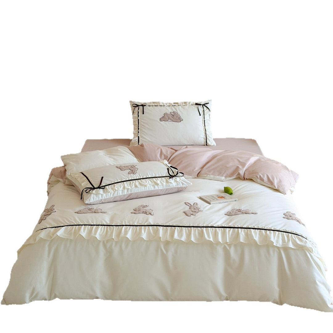 Ruffled Appliqué Bunny Cotton Duvet Cover Set with Satin Tie Pillow Shams