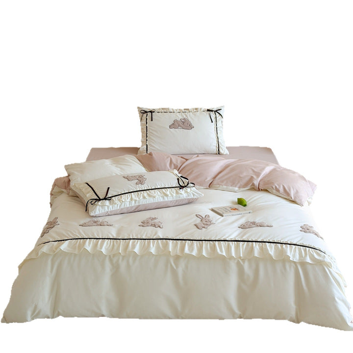 Ruffled Appliqué Bunny Cotton Duvet Cover Set with Satin Tie Pillow Shams