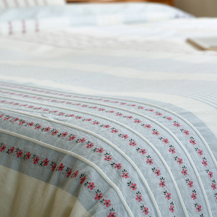 Cotton Sateen Floral-Striped Duvet Cover and Pillowcase Set