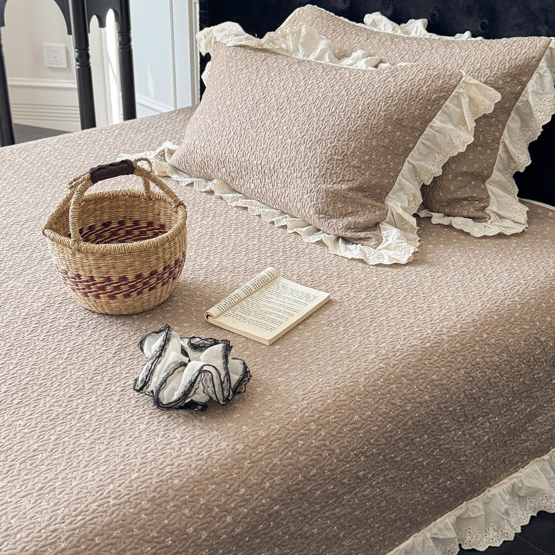 Quilted Ruffled Eyelet Lace Bedspread with Matching Frilled Pillow Shams