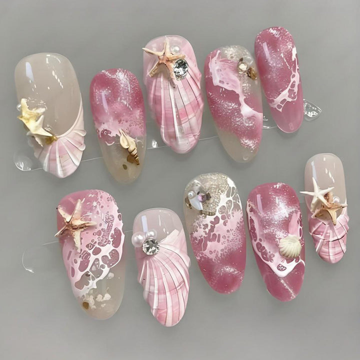 Artificial nail set with maritime shell and star pattern Stornfield