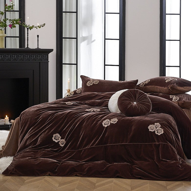 Plush Velvet Embroidered Comforter Bedding Set with Decorative Round Bolster and Quilted Shams