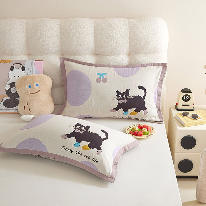 Decorative Cotton Pillowcase Set with Cartoon Puppy Stripe Print