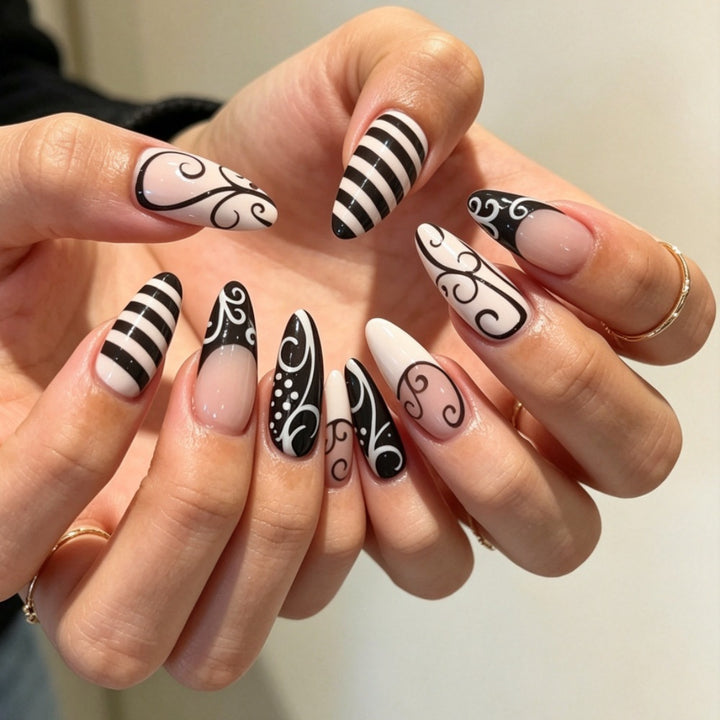 Artificial nails with modern black and white design Stornfield