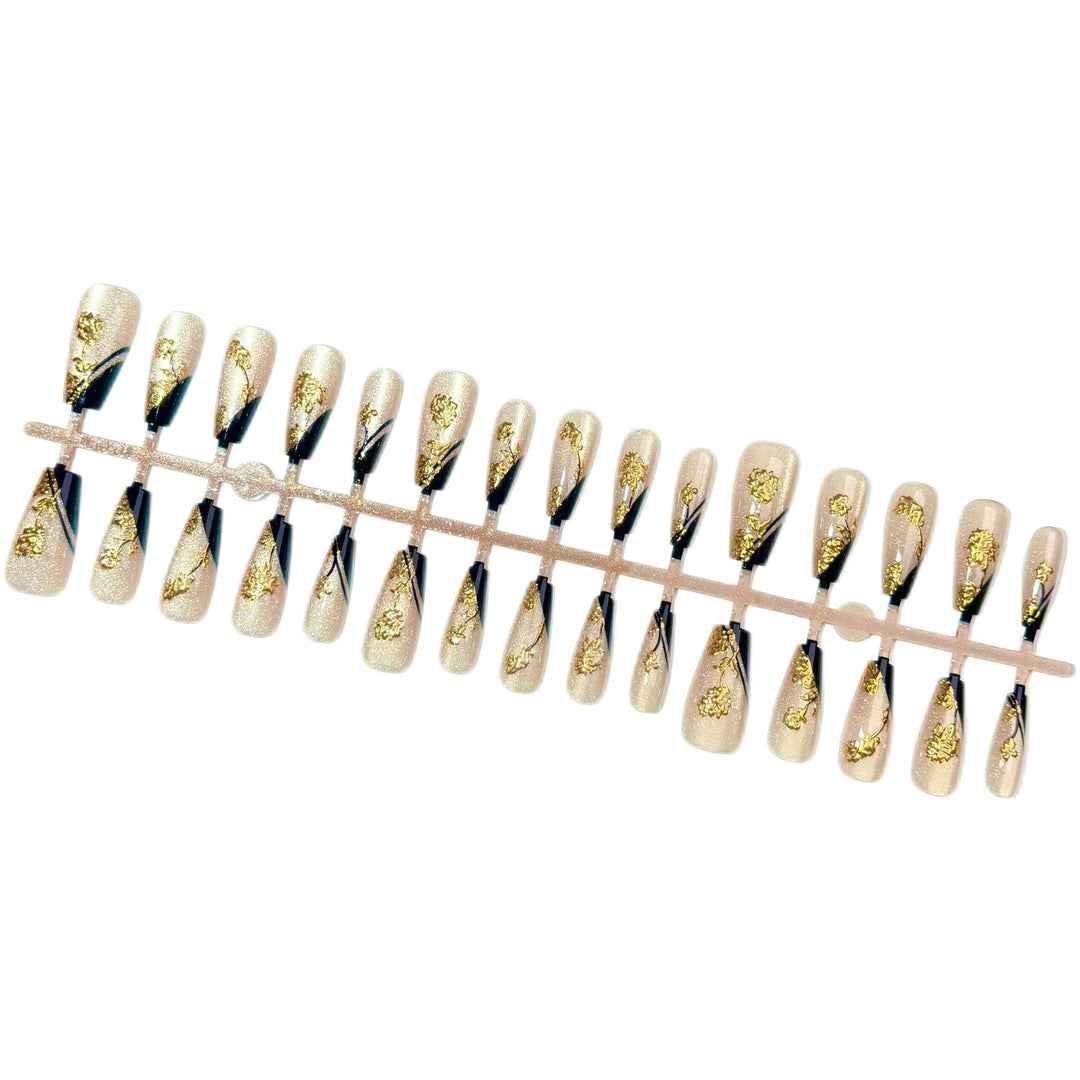 Elegant Press-On Nail Art Set with Glittering Metallic Accents