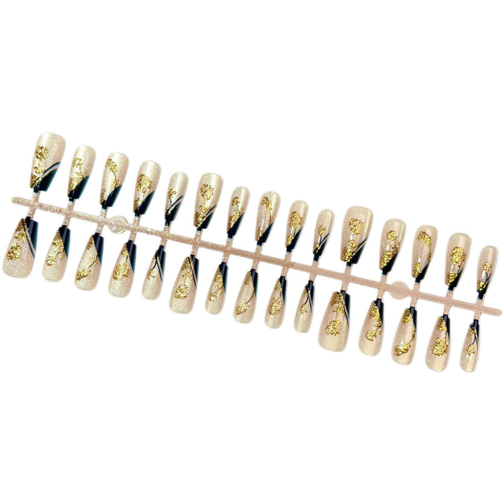 Elegant Press-On Nail Art Set with Glittering Metallic Accents