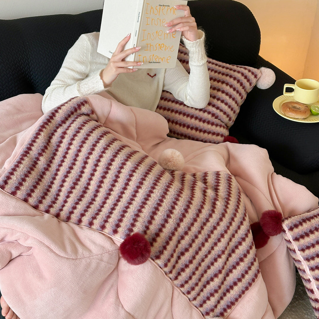 Plush Striped Faux-Fur Throw Blanket with Pom-Pom Trim and Matching Decorative Cushion Set