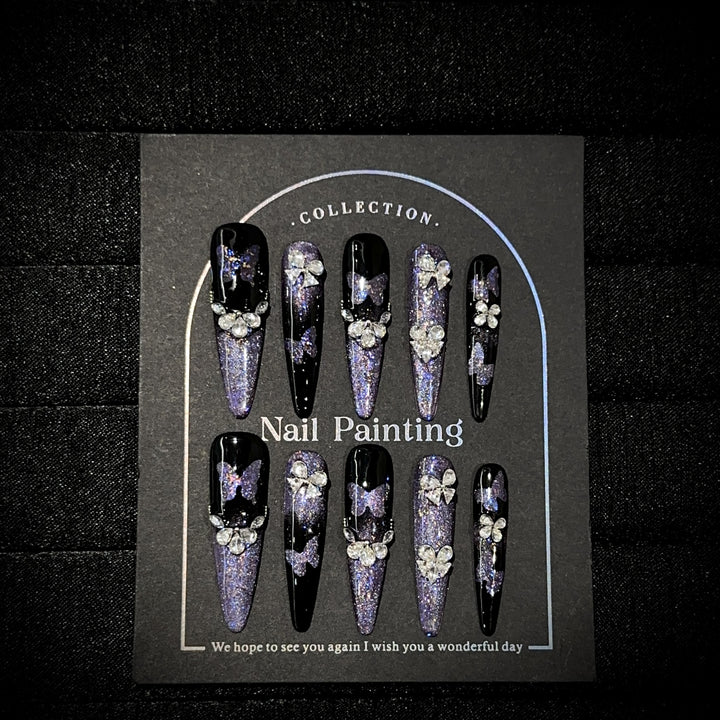 Elegant Stiletto Press-On Nail Art Set with Gemstone Accents