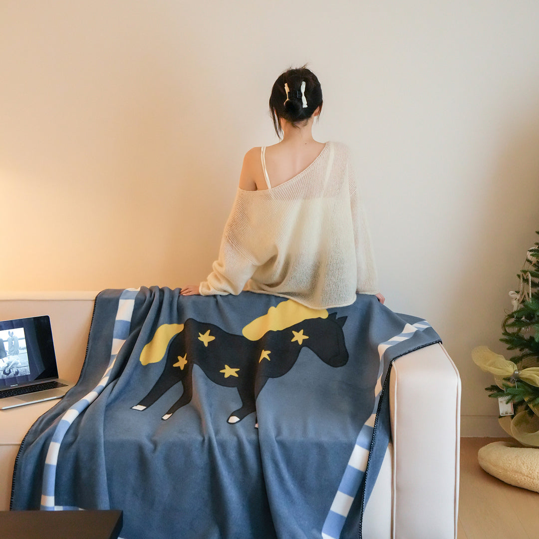 Plush Microfleece Throw Blanket with Carousel Horse Print and Whipstitch Edge