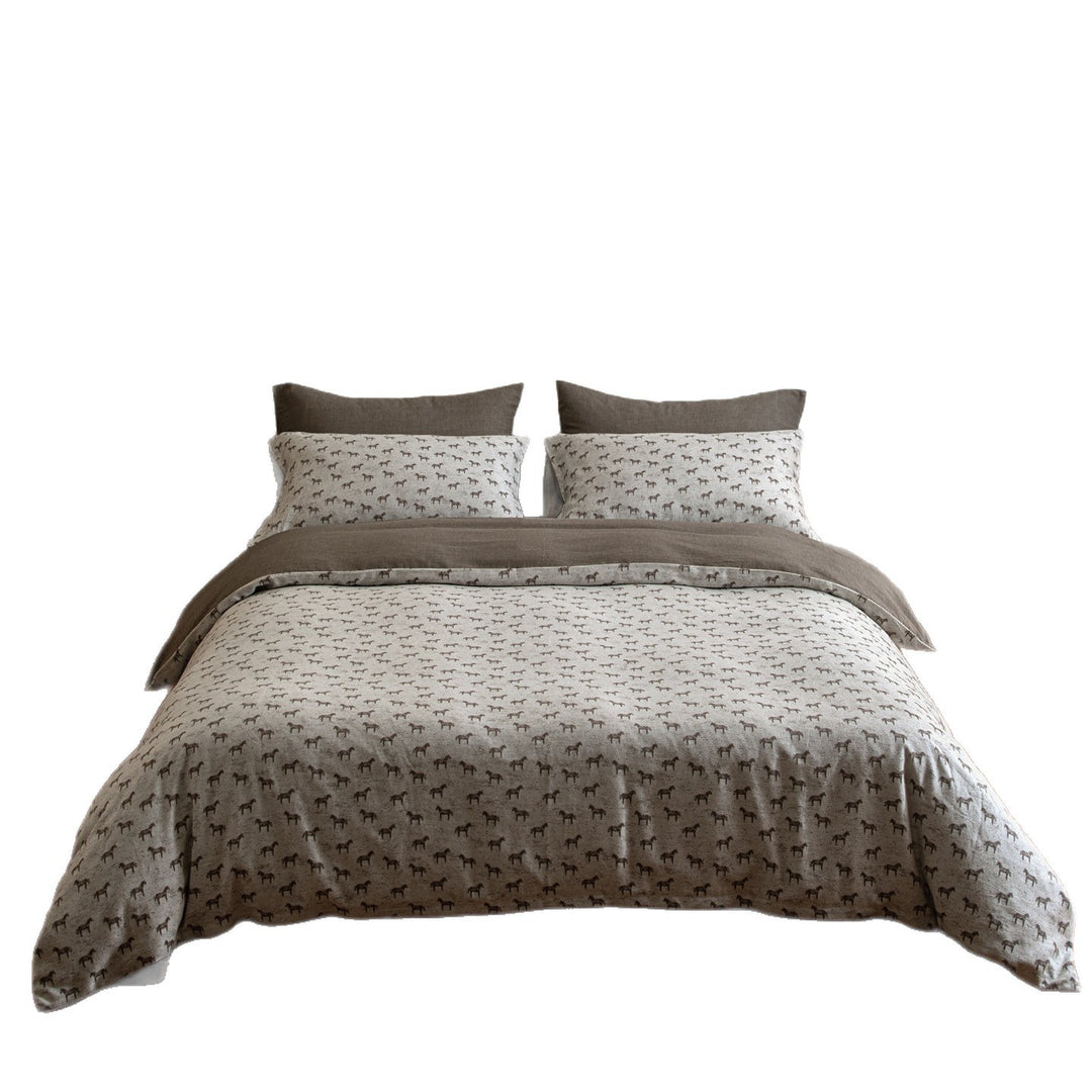 Printed Linen-Blend Reversible Duvet Cover Set with Horse Motif