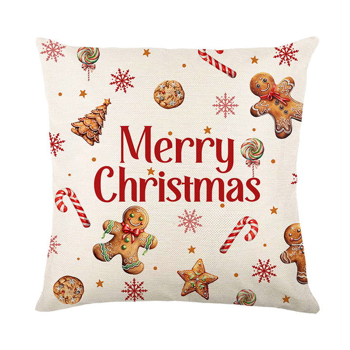 Festive Christmas Linen-Texture Square Cushion Cover with Merry Christmas Gingerbread Pattern