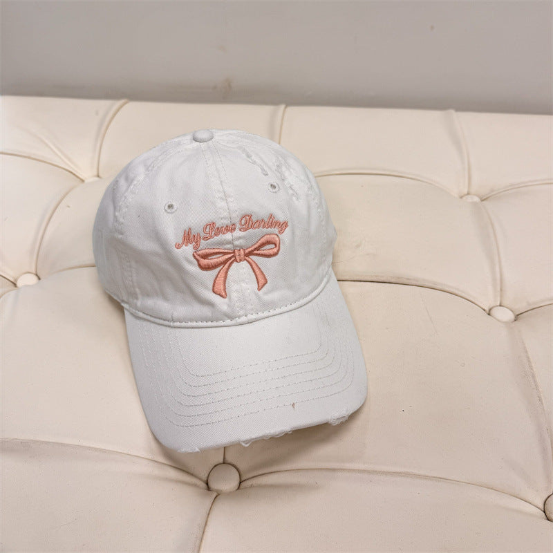 Women's Distressed Cotton Baseball Cap with Bow Embroidery Stornfield