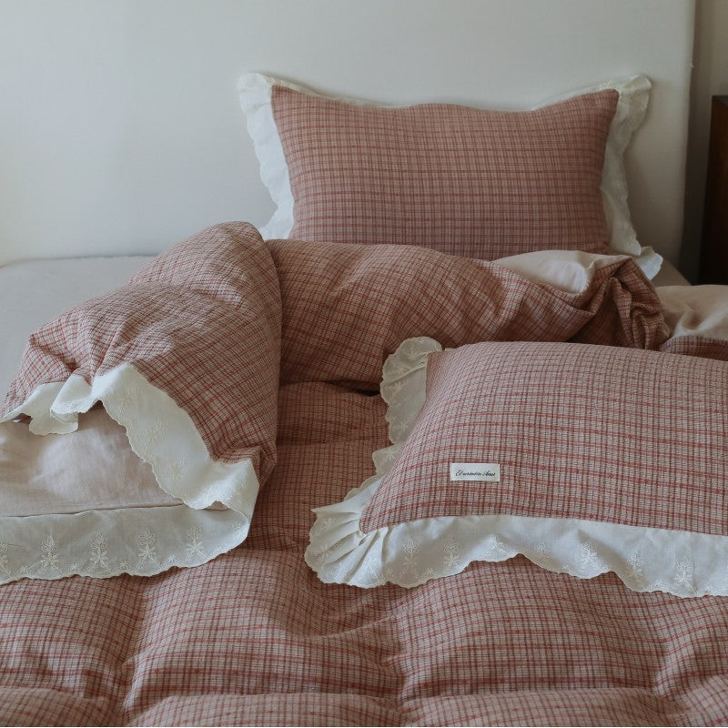 Plaid Cotton-Linen Duvet Cover Set with Ruffled Lace Trim